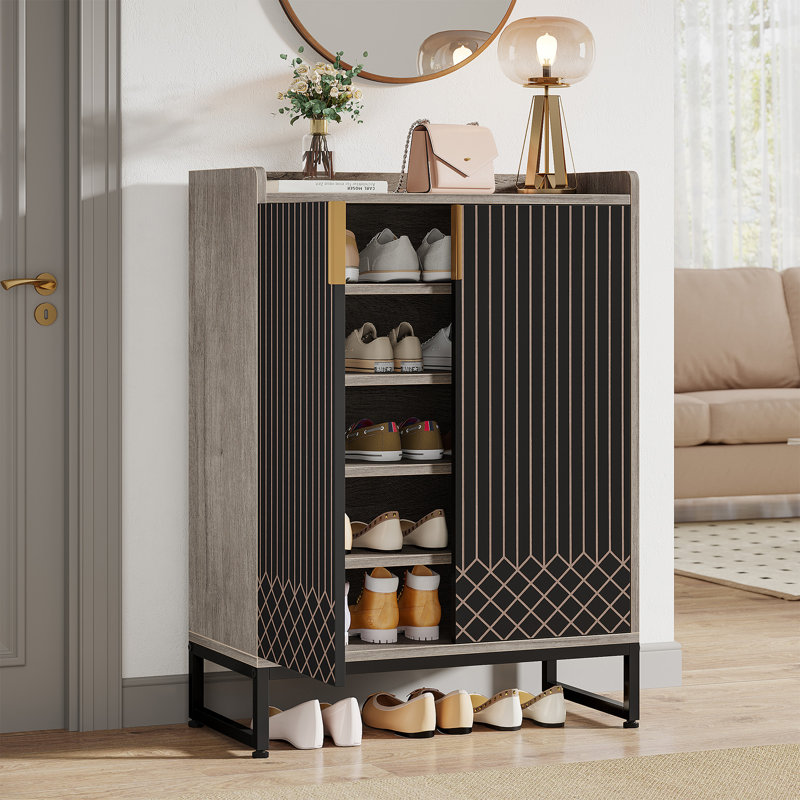 Armoire à chaussures à 5 niveaux avec portes, 20 à 25 paires, Gris / Noir