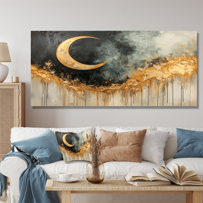 Golden Eclipse Moon Reverie - Art mural en métal lune pour le salon, H 28 po x l 60 po