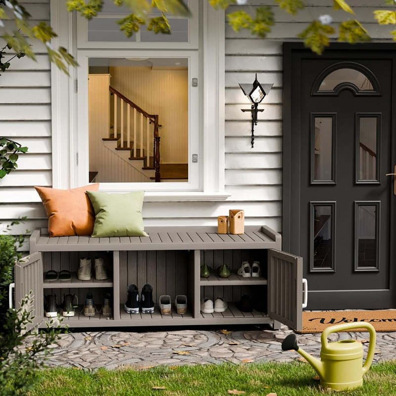 Banc de rangement en résine imperméable avec 2 portes, étagères réglables et rangement à chaussures dissimulé, gris