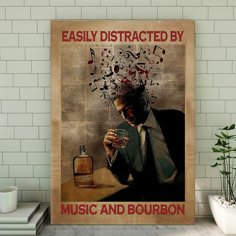 «Easily Distract By Music Bourbon», toile tendue tendue à la main - Illustration rouge, noire et brune
