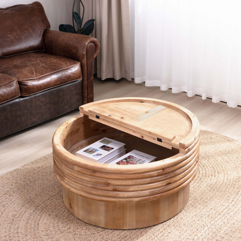 Table basse ronde en bois avec rangement caché - Centre de table rustique moderne pour le salon, couvercle relevable