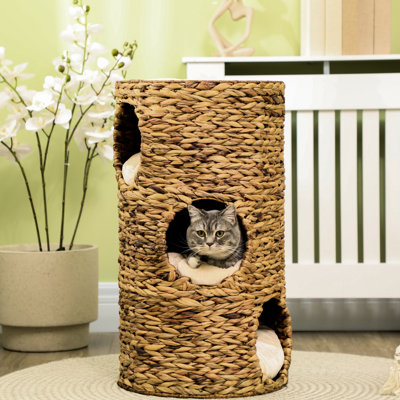 Lit pour chat surélevé avec trois coussins dissimulés et quatre coussins moelleux - Tour tissée à la main en matériaux naturels Chaton à plusieurs couches pour économiser de l'espace et des espaces cachés élégants en tissu tissé à la main pour chats