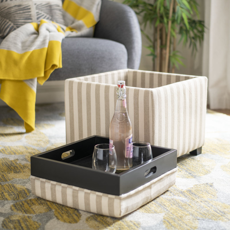 Sedat Upholstered Ottoman, Tan/White Striped Cotton