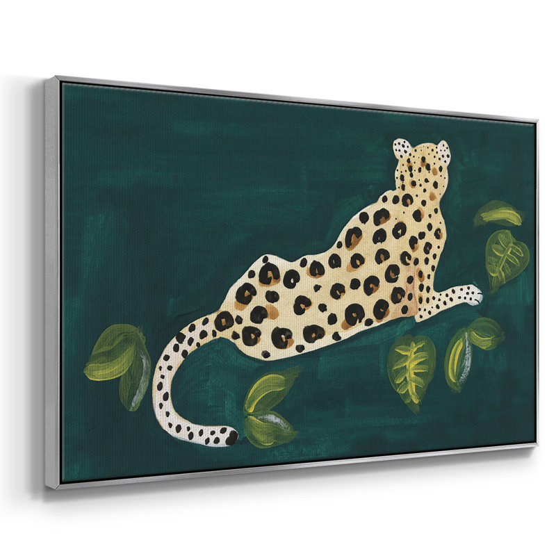 «Lethargic Leopard I», peinture sur toile encadrée, H 17 po x l 25 po x P 2 po, Encadrement argenté