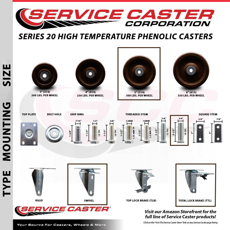Temp Phenolic 3/4 Inch Stem Caster Set 2 Total Lock Brakes