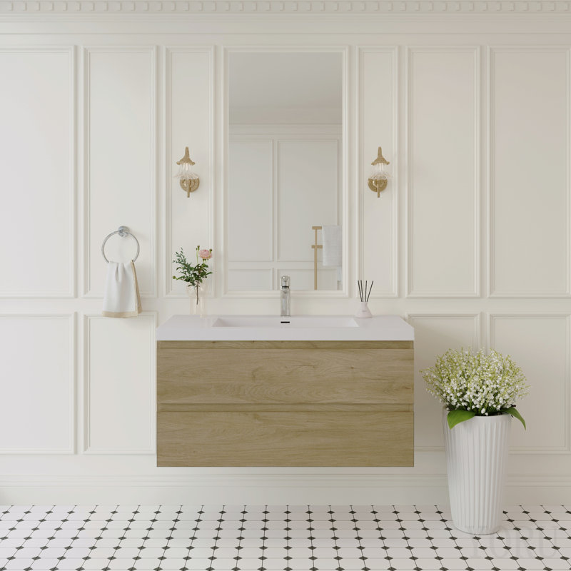 Meuble-lavabo suspendu de 107 cm avec lavabo, meuble de rangement mural moderne avec lavabo en surface solide et tiroirs à fermeture amortie, entièrement assemblé, chêne naturel