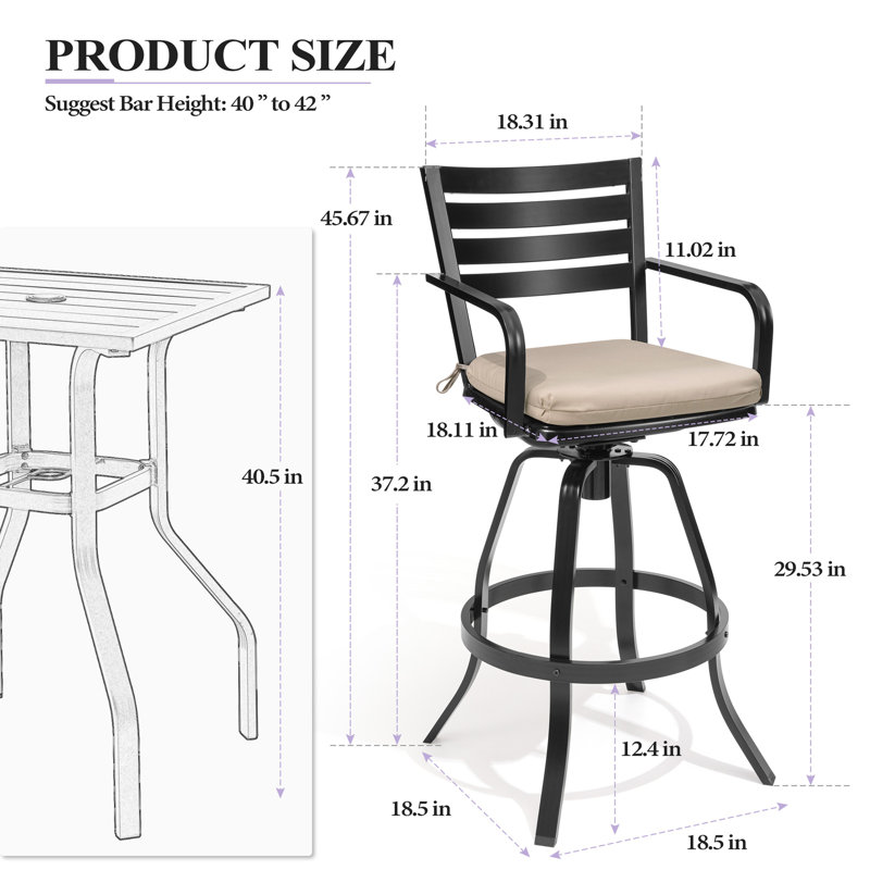 Patio Swivel Aluminum Bar Stools With Sunbrella Cushion, Canvas Antique Beige