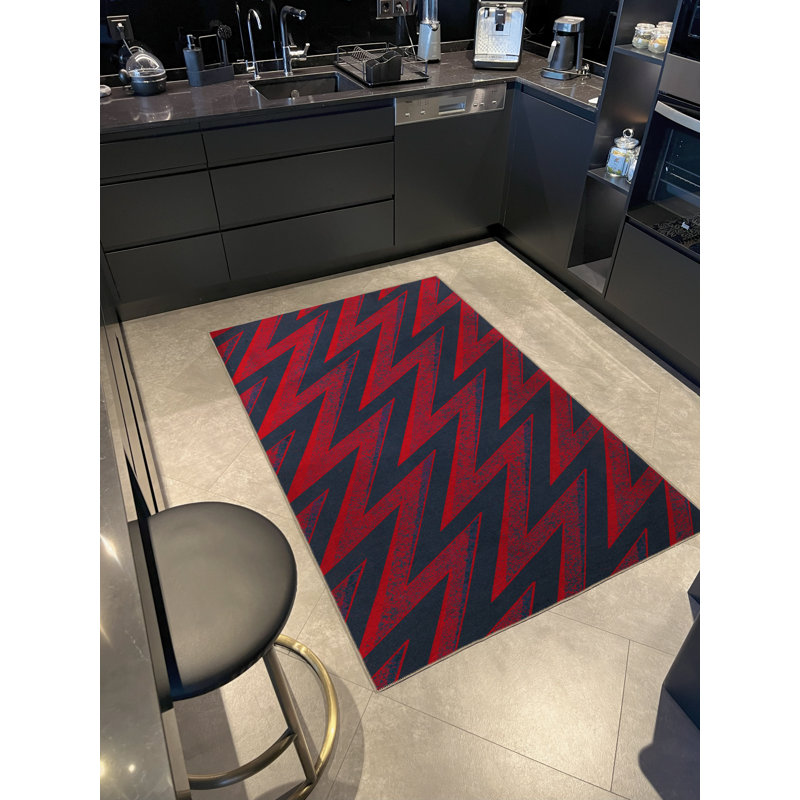 Tapis décoratif moderne à motif géométrique rouge et zigzag rouge, Rectangle 4 pi 7,12 po x 6 pi 6,74 po