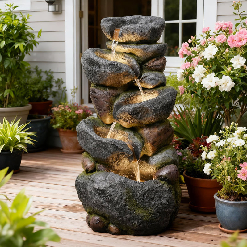 36.2''tall Rock Outdoor Water Fountain, 5 Tiers Cascading Natural Outdoor Fountains And Waterfalls With Led Lights, Water Feature For Garden, Patio, Deck, Backyard Decor