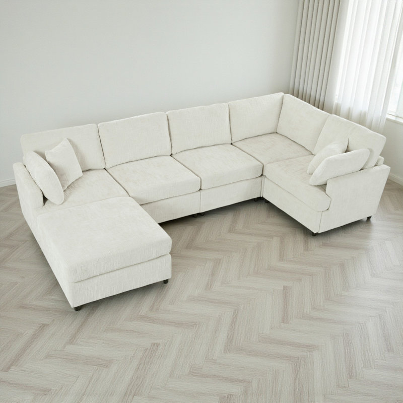 Domoni 6 - Piece Upholstered Sectional, Beige Chenille