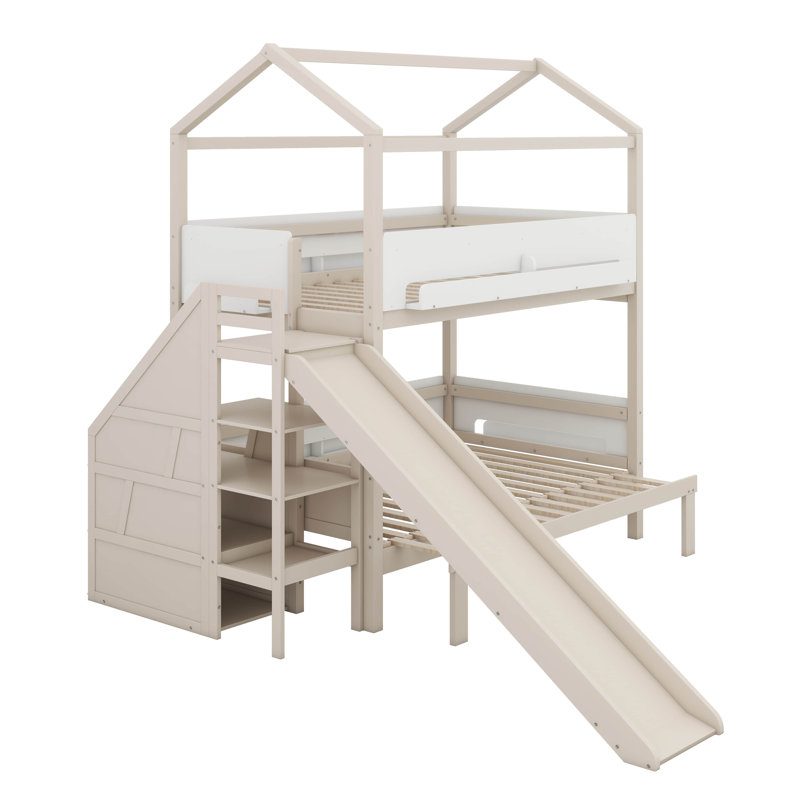 Lit superposé en bois en forme de maison avec glissière et escalier de rangement, lit superposé peu encombrant avec tablettes intégrées et garde-corps