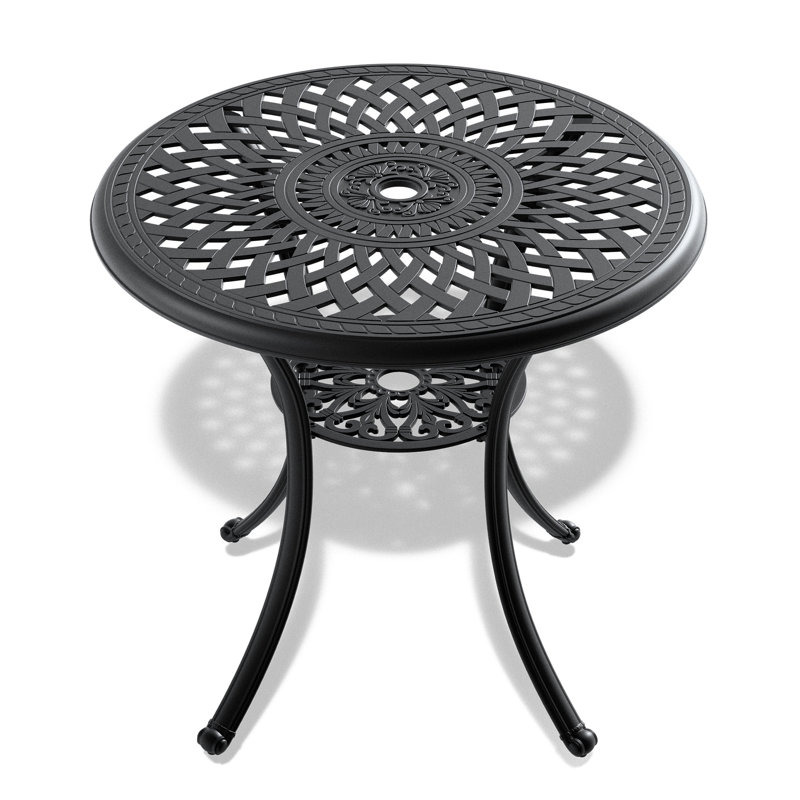 Table d'extérieur en fonte d'aluminium de 30,49 po avec structure noire et trou pour parasol - Finition, patio et rouille confortables - construction, caractéristique insonorisante