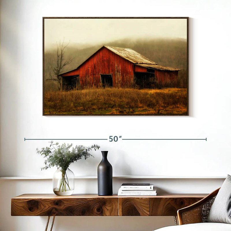 Skylight Barn dans le brouillard, Cadre flottant noyer, 40 po x 27 po