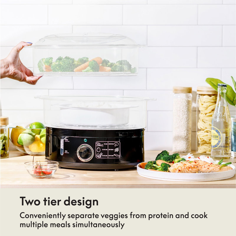 Black Stainless Steel Two Tier Food Steamer with Glass Baskets