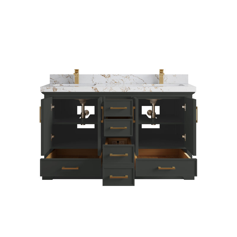 Ensemble de meuble-lavabo double 60 po avec plateau Charlotte, Doré Viola