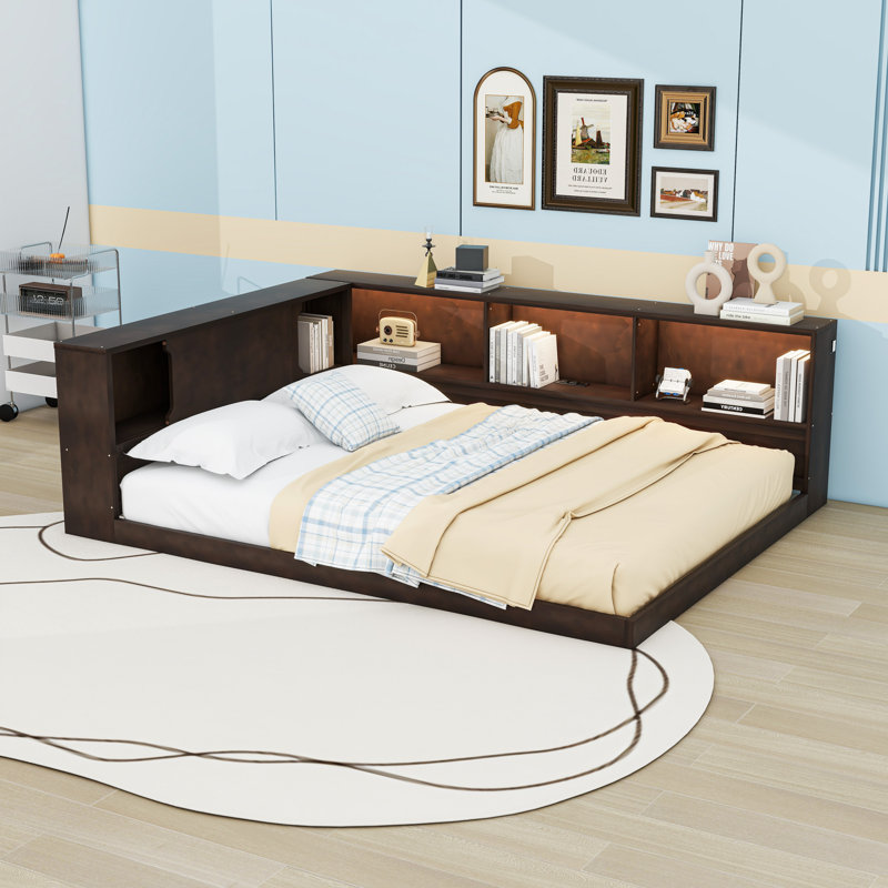Queen Wood Daybed with Storage and USB Ports and LED Lighting, Brown