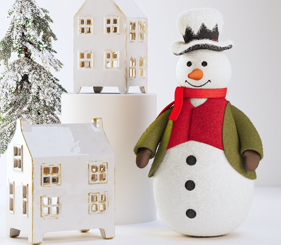 Figurine de bonhomme de neige en céramique avec un chapeau haut de forme et deux luminaires de maison en céramique.