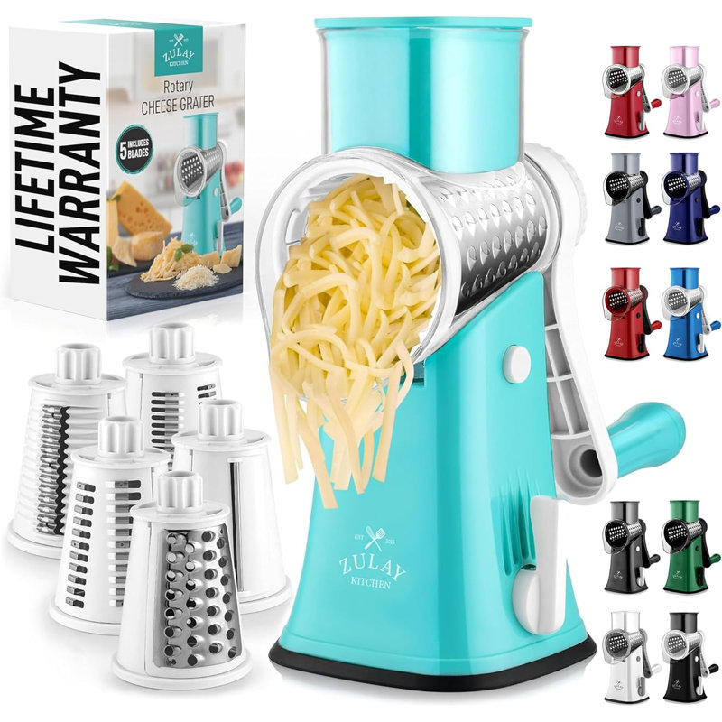 Zulay Kitchen Rotary Cheese Grater with 5 Stainless Steel Blades and Suction Base, Teal
