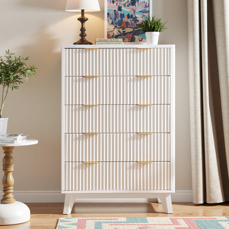 Modern 5 Drawer Dresser - Faux Marble Top & Curved Designsurface, White