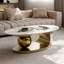 Table basse de luxe en pierre frittée ovale, plateau de table à effet marbré de L 51,2 po x l 27,5 po avec base en acier inoxydable doré poli et décor sphérique, centre de table glamour moderne pour le salon, résistant aux taches et aux égratignures-1126716959-1126716956