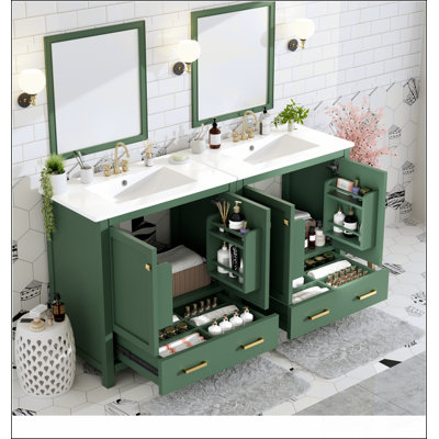 60" Green Bathroom Vanity Set with Double Vanities (Separate), Double Ceramic Sinks, Storage Shelf, and Divided Drawers  (Mirror not included)– Modern Bathroom Solution for Spacious Bathrooms