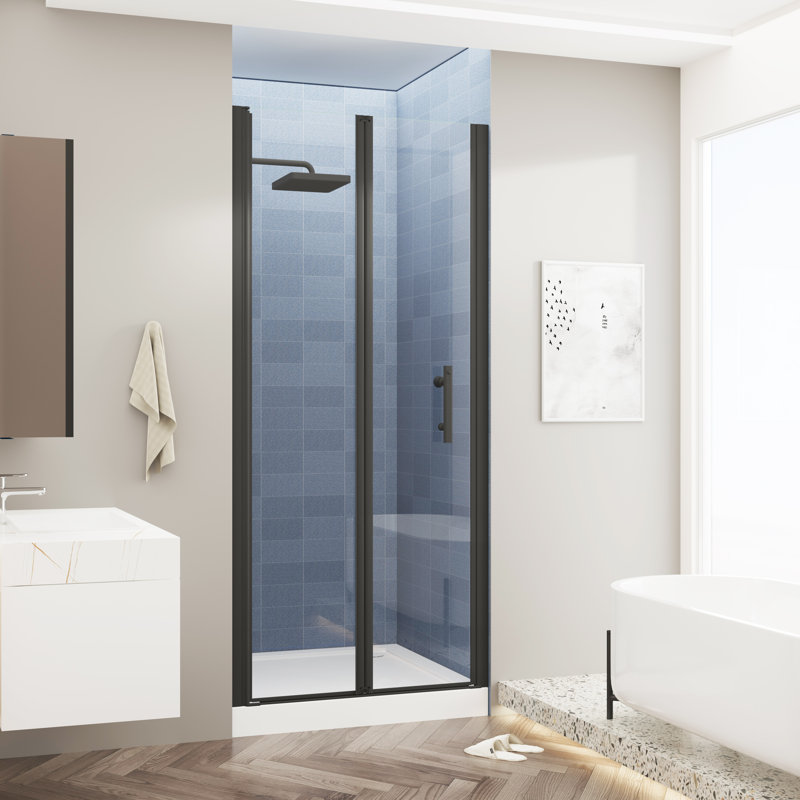 Frameless Bi-Fold Glass Shower Door with Tempered Glass and Reversible Installation, Matte Black, 34"