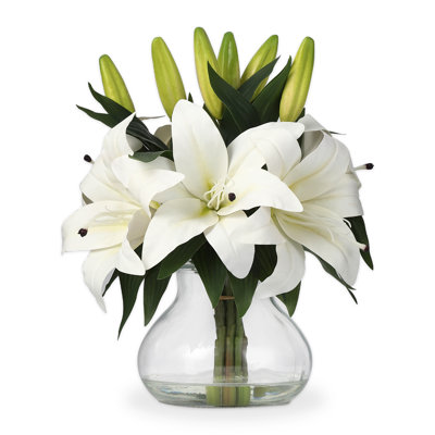 No-Maintenance Artificial White Tiger Flora Flowers with Glass Vase – Set of 6 Realistic Silk Lifelike Stems, Bendable Faux Bouquet, Perfect for Home, Table, Office, Wedding Centerpiece – White