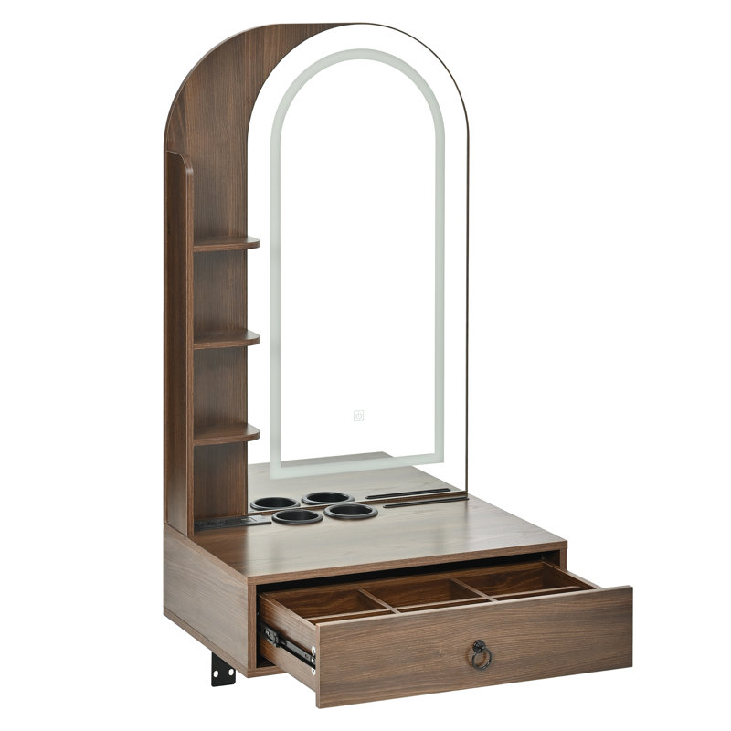 Coiffeuse suspendue avec miroir arqué et tiroir de rangement, table de maquillage murale avec prise électrique et éclairage à 3 couleurs et luminosité réglable, coiffeuse compacte