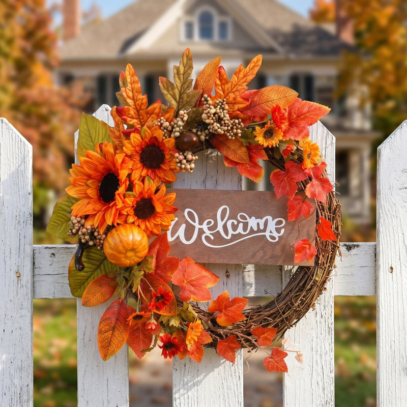 15.7" Fall Welcome Wreath With Sunflowers, Pumpkins & Maple Leaves For Thanksgiving Decor