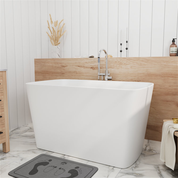 47'' x 27'' Freestanding Solid Surface Soaking Bathtub with Interior Seat for Small Space Room with Pop-up Drain And Overflow