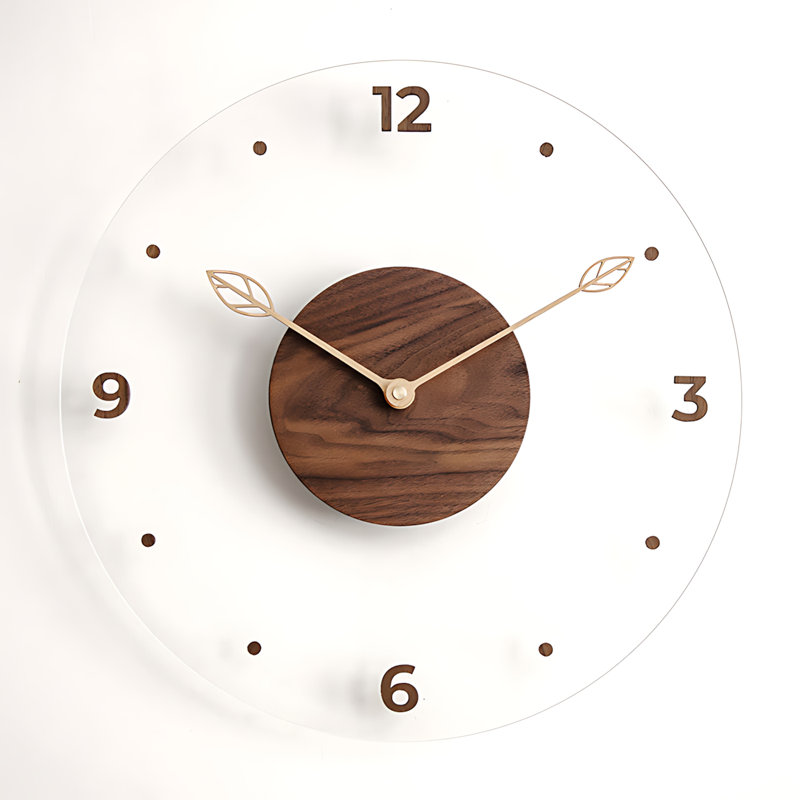 Horloge murale 12 pouces scandinave avec cadre en verre acrylique et bois massif, design moderne minimaliste pour le salon, la chambre à coucher, le décor de bureau
