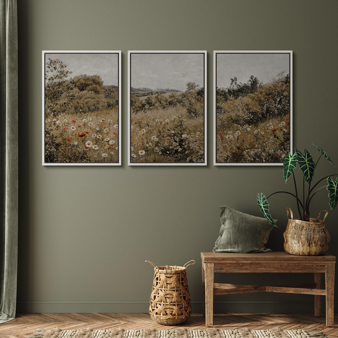 " Summer Wildflower Lush Floral Landscape Illustration Modern Decor Relax Calm Chic " 3 - Pieces wall26 Frame 