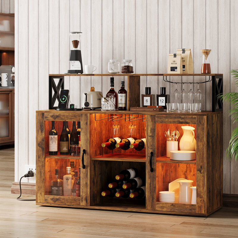 Wine Bar Cabinet with LED Light, Industry Coffee Bar Cabinet with Wine Rack, Glass Holder, and Power Outlets, Kitchen Sideboard Buffet Cabinet for Living Room Dining Room, Vintage Wood Color