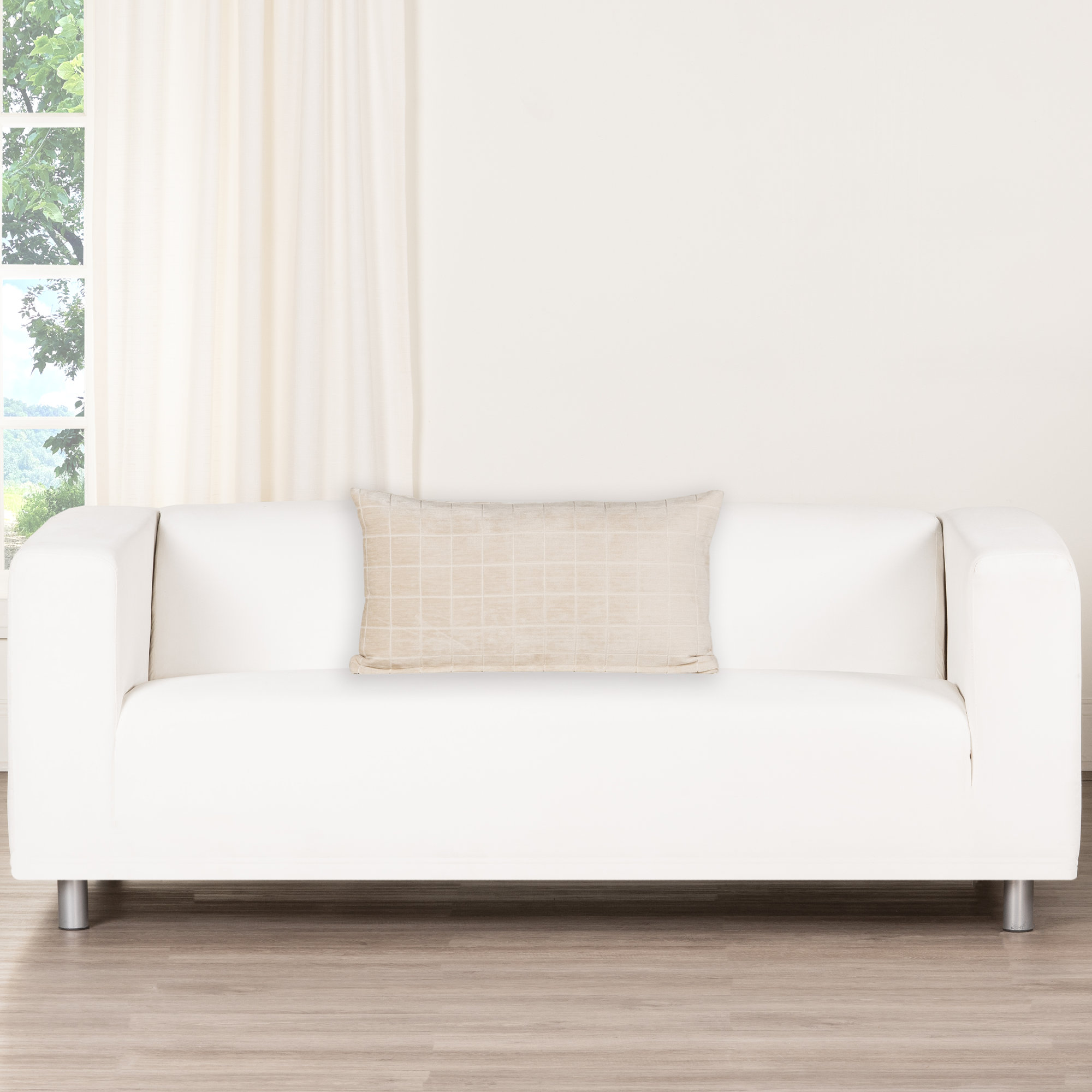 Otterville Velvet Grid Lumbar Pillow, Cream Geometric, Polyester, 12"H x 21"W