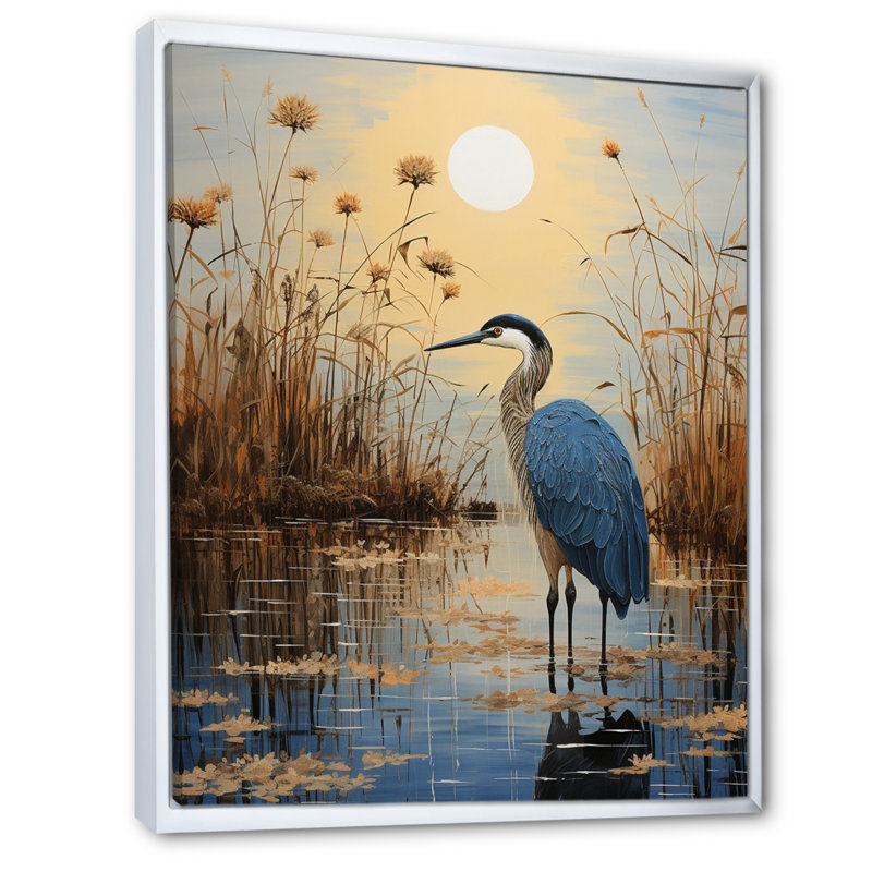 «Iaschome Heron Morning Stroll Pointillism III», reproduction sur toile, Cadre flottant blanc, H 44 po x l 34 po x P 1,5 po