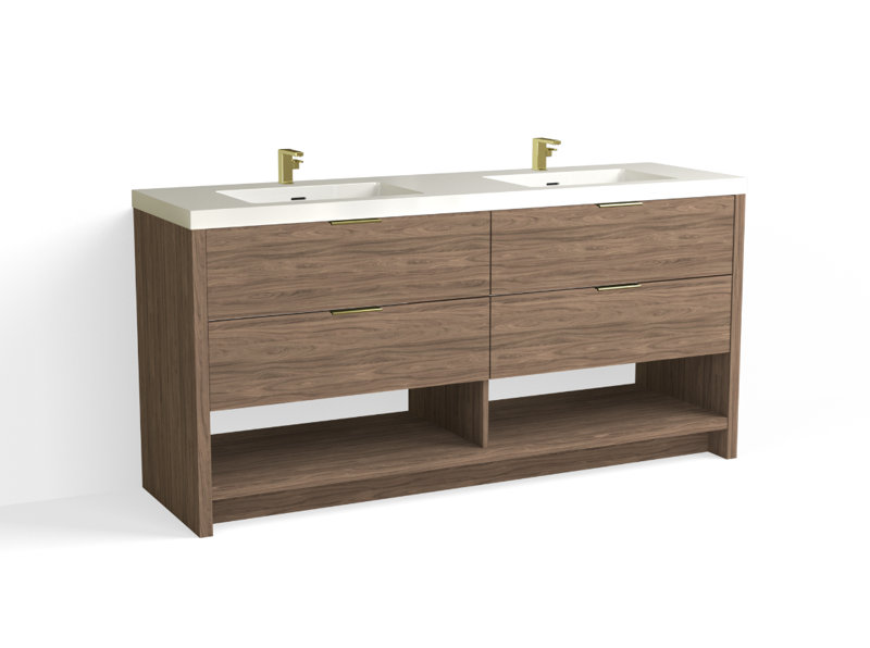 Vue 72" W Freestanding Double Bathroom Vanity, Nocino, Satin Brass, Glossy White/Single