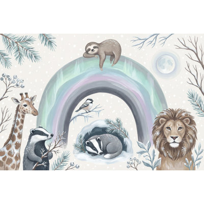 Papier peint pastel arc-en-ciel amovible animaux de la forêt d'hiver