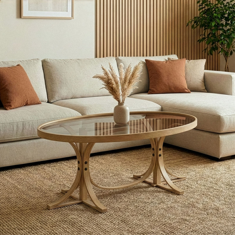 Table basse moderne, 100% bois de chêne massif avec plateau en verre trempé de 0,16 po, 44,1 x 18,5 x 30,7 pouces | Finition chêne élégant | Démonté pour un assemblage facile | Parfait pour le salon et les espaces contemporains