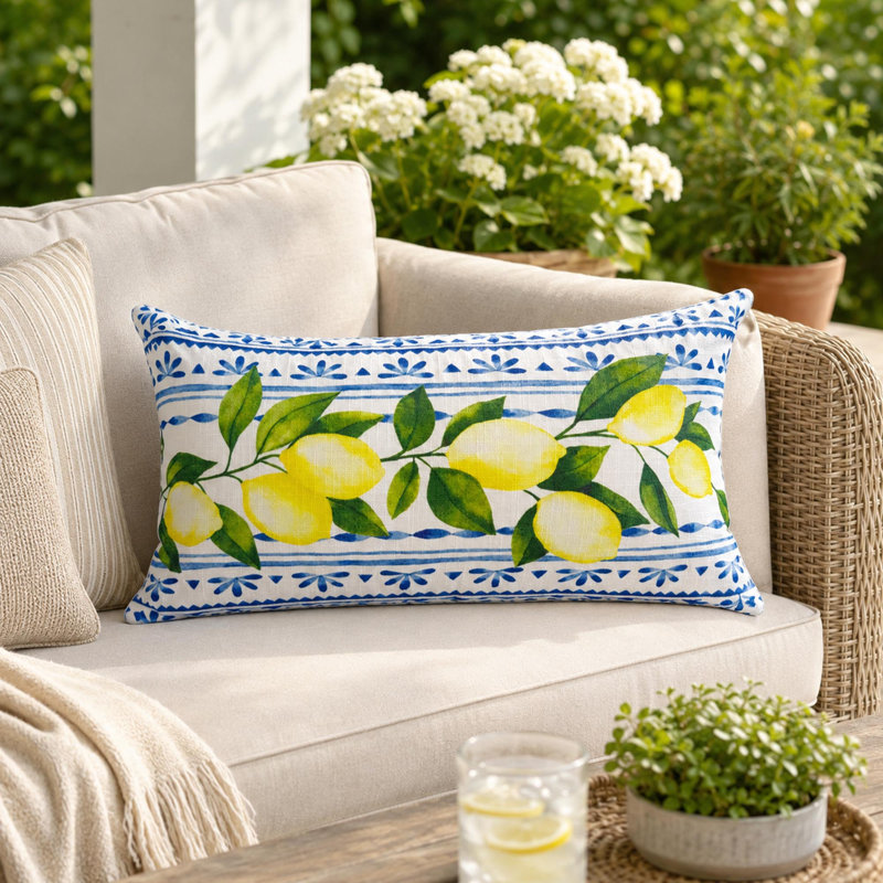 Coussin lombaire d'extérieur avec imprimé citron et tissu résistant aux intempéries
