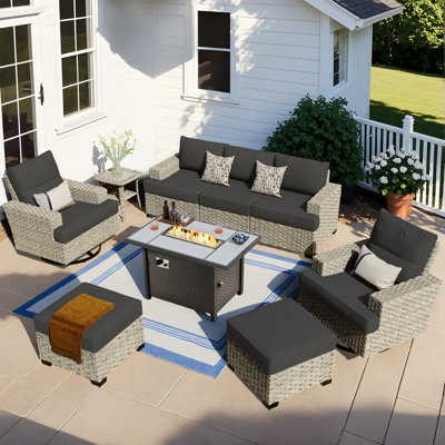 Dzion Outdoor Wicker 5 Person Seating Group With Cushions And Ottomans