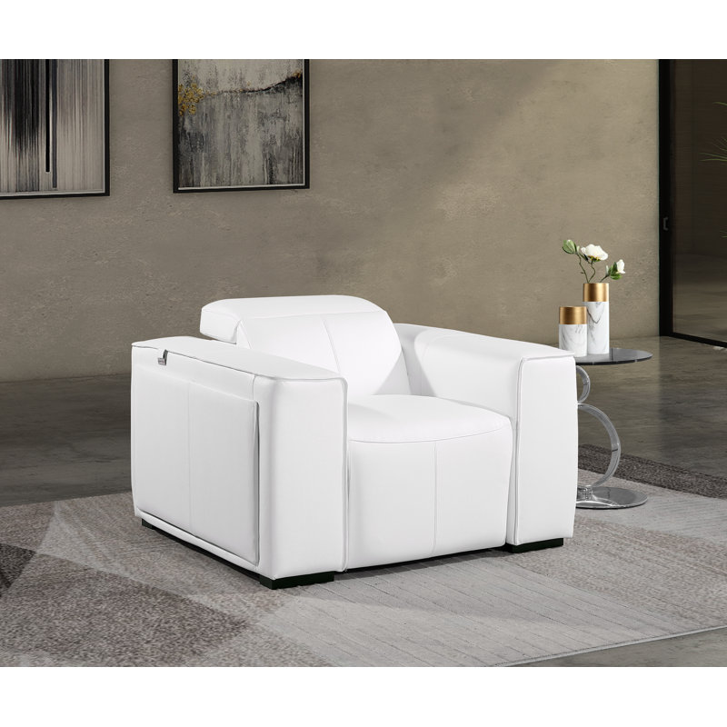 Top Grain Italian Leather Power Reclining Arm Chair with Power Headrests, White Genuine Leather