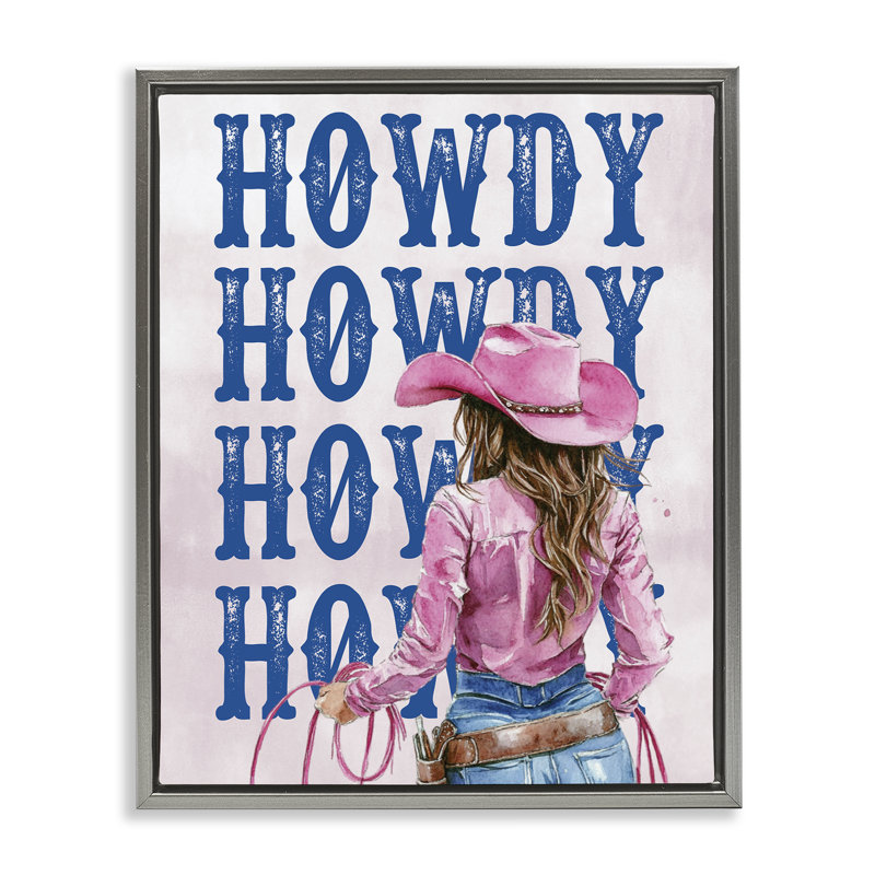  «Howdy Cowgirl with Lasso», art mural sur toile par lettré et doublé, H 21 po x l 17 po, Cadre flottant gris lustré