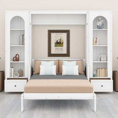 Murphy Platform Bed With Shelf, Side Cabinets, Drawers And LED