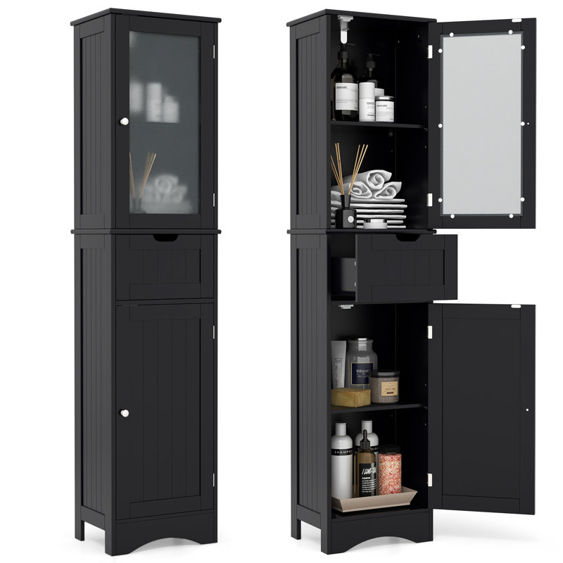 Tall Bathroom Storage Cabinet, Narrow Slim Linen Tower, Freestanding Floor Cabinet, Black