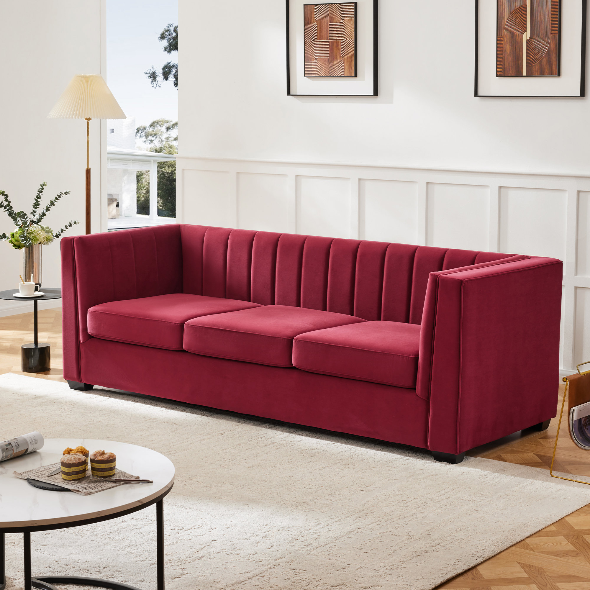 Allard Velvet Living Room Sofa, Burgundy Chenille