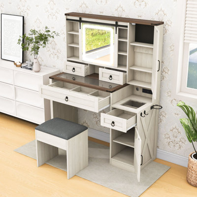 Vanity Desk with Sliding LED Mirror, Charging Station, Shelves, Drawers and Stool