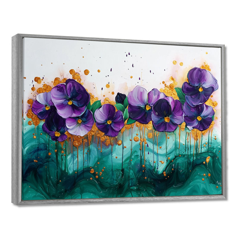 Lavande, pensées sur encre émeraude II - Pensées, art mural de salon, Argent argent, Impression encadrée flottante