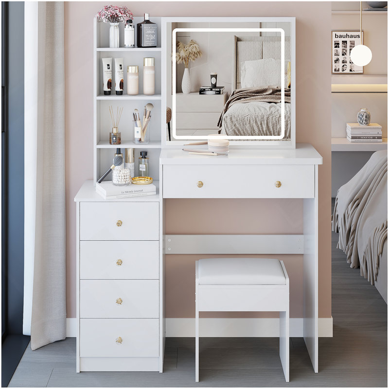 Meuble-lavabo gauche 37 po avec tabouret rembourré, miroir à DEL réglable tricolore à intensité variable, rangement grande capacité, idéal pour les espaces moyens