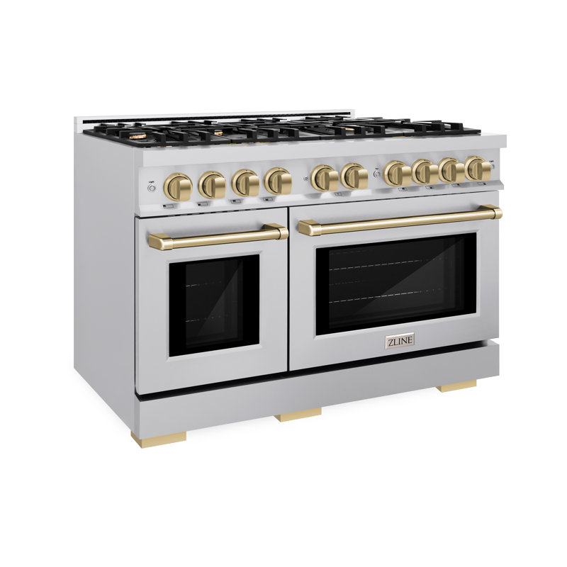 ZLINE Autograph Edition 48 in. 6.7 cu. ft. Select Double Oven Gas Range W/ 8 Burner Cooktop in Stainless Steel & Champagne Bronze Accents (HGRZ-48-CB)