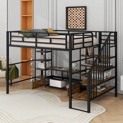 Full Metal Loft Bed With Staircase,Table And Storage Shelves by Harriet Bee